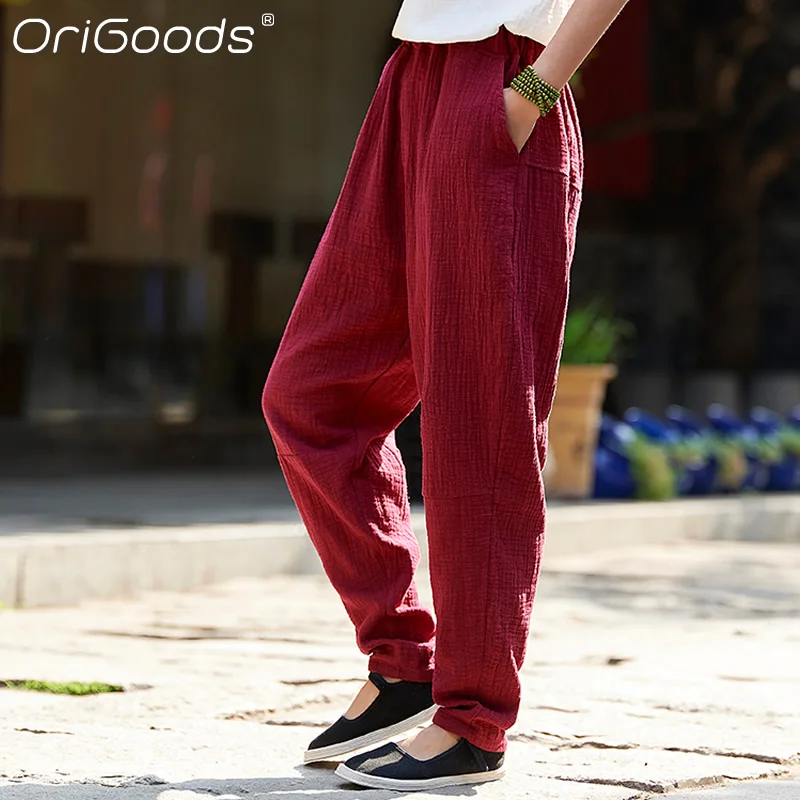 

Шаровары женские из хлопка и льна, однотонные, красного и зеленого цветов, винтажные, B209, для лета, 2021