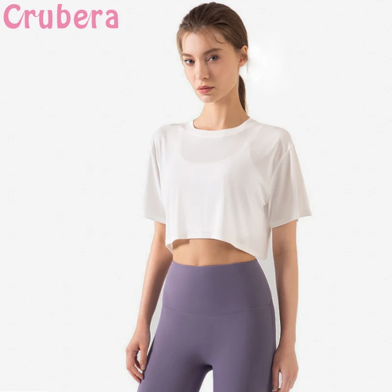 Летняя спортивная футболка cruber свободные короткие быстросохнущие топы для йоги