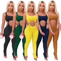 sexy lace up hollow out rompers womens jumpsuit female knitted ribbed bodycon jumpsuit party club one piece outfits overalls