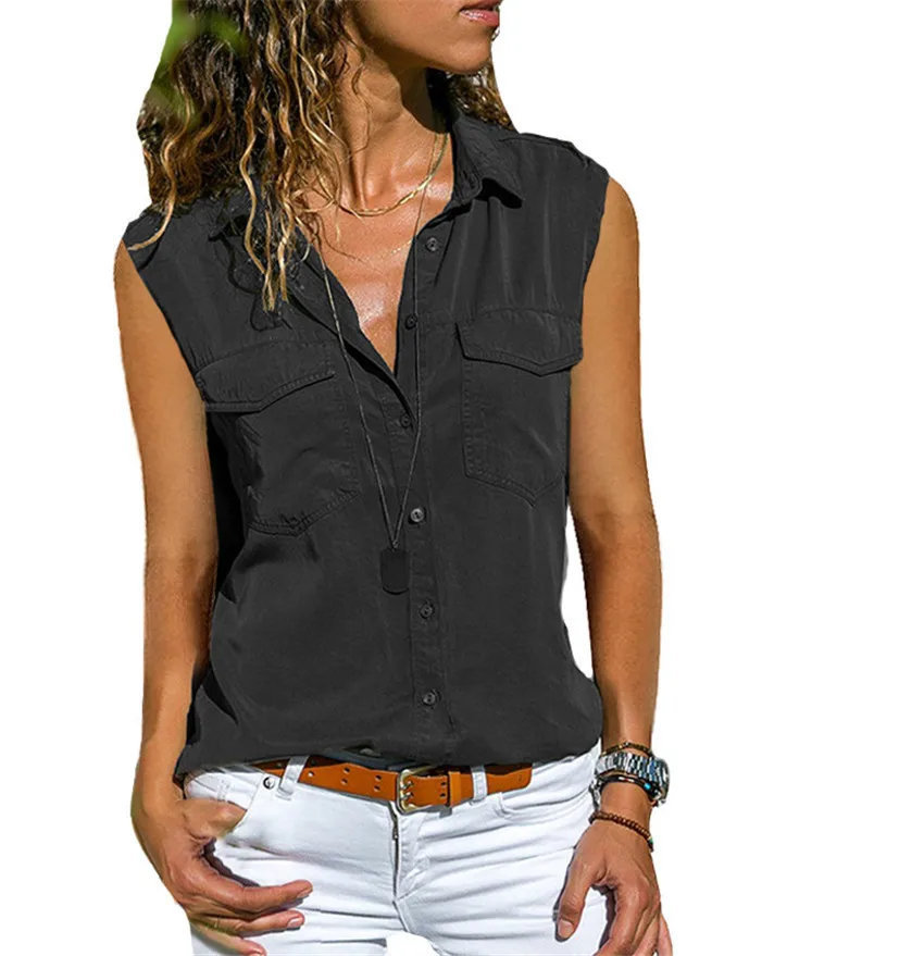 

Summer new large casual women's shirt Lapel sleeveless shirt