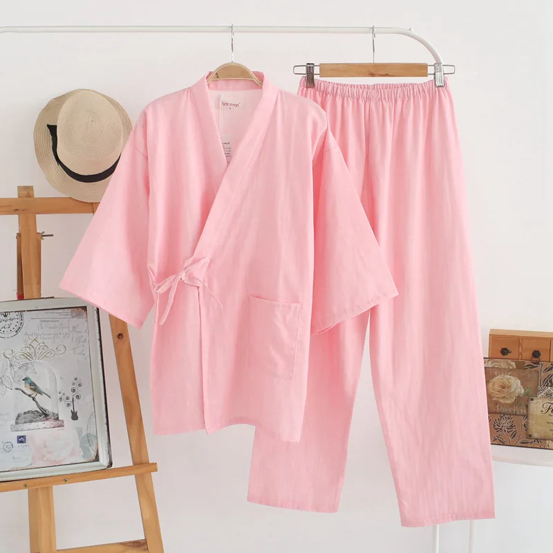 

100% Cotton Men Japanese Pajamas Sets Simple Kimono Yukata Girl Loose Nightgown Sleepwear Bathrobe Leisure Wear Lover Homewear