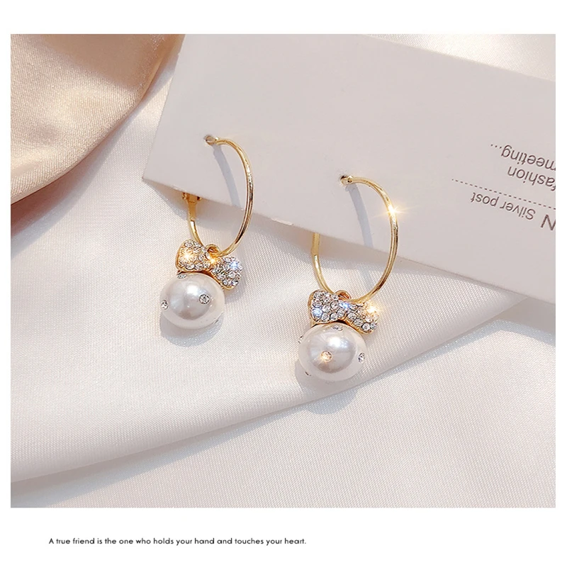 

Fashio 14X43mm Pearl Earrings White Pearl Bow Rhinestones Crystal Dangle Earrings For Women Bridal Wedding Trendy Jewelry New