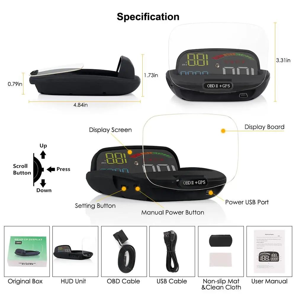 Head-Up Display OBD II GPS Speedometer Alarm Function Practical 2 In 1 HD C800 On-board Computer Speed Projector Car HUD