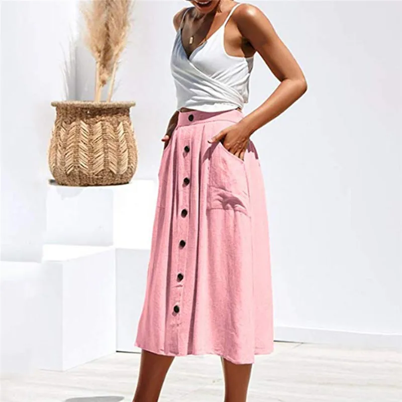 Женская Однотонная юбка миди LITTHING модная однобортная средней длины с высокой