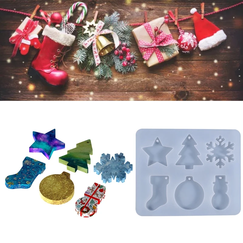 

D2TD Christmas Snowflake Snowman Epoxy Resin Mold Pendants Ornaments Silicone Mould