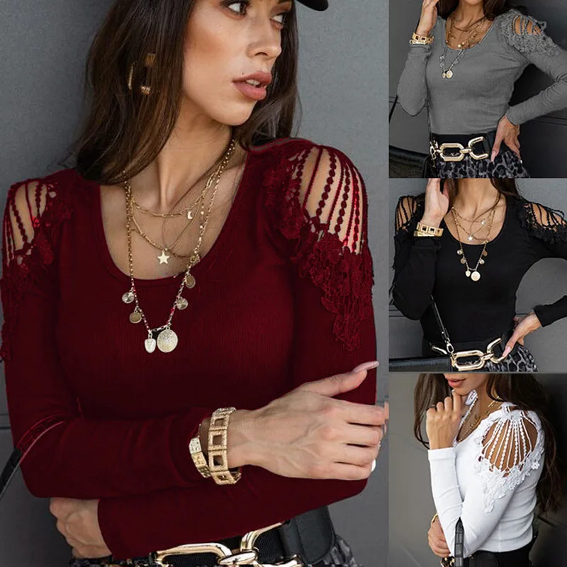 

Women's Sexy Off Shoulder Lace Tops Autumn Fashion Casaul Long Sleeved Solid Color Basic All-match T Shirt O Neck Slim Pullover