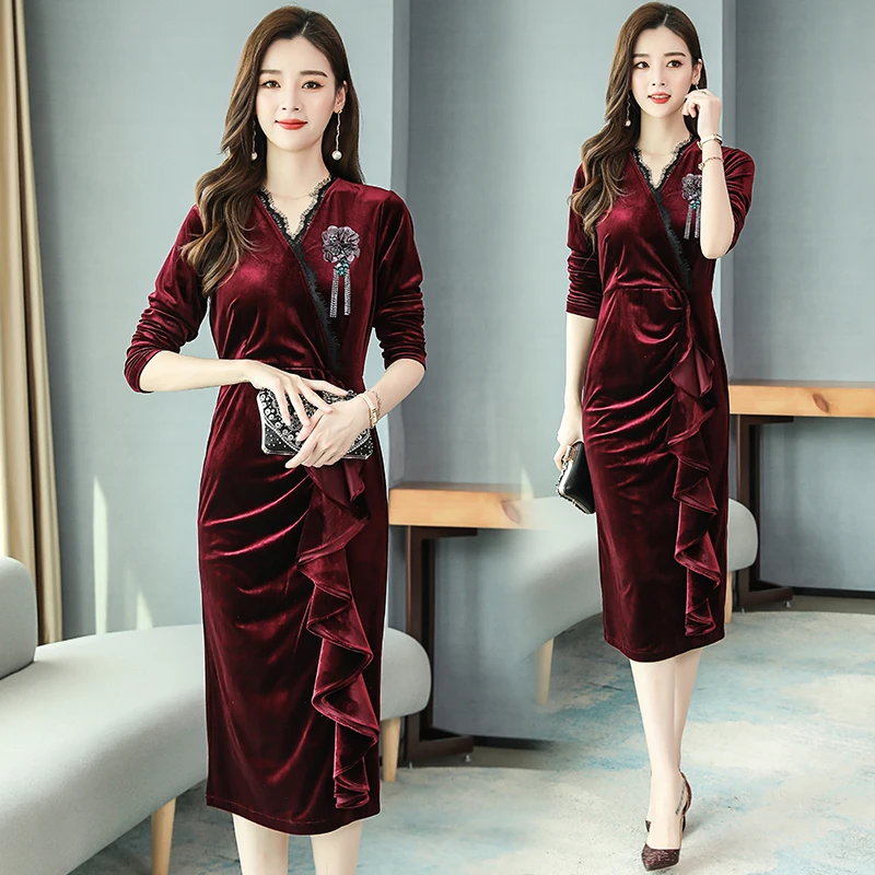 Новое весеннее и осеннее удобное бархатное платье для женщин элегантное