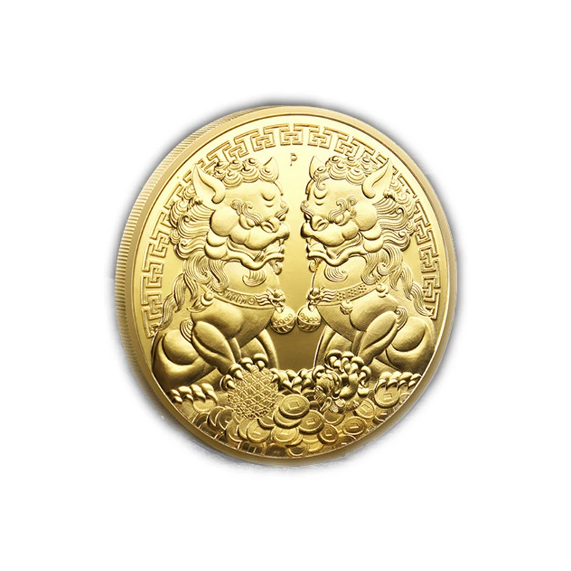 

Stone Statue In Front Of Ancient China Gate Commemorative Coin Double Kirin Bring Wealth Much Money Meaningful Badge Metal Craft