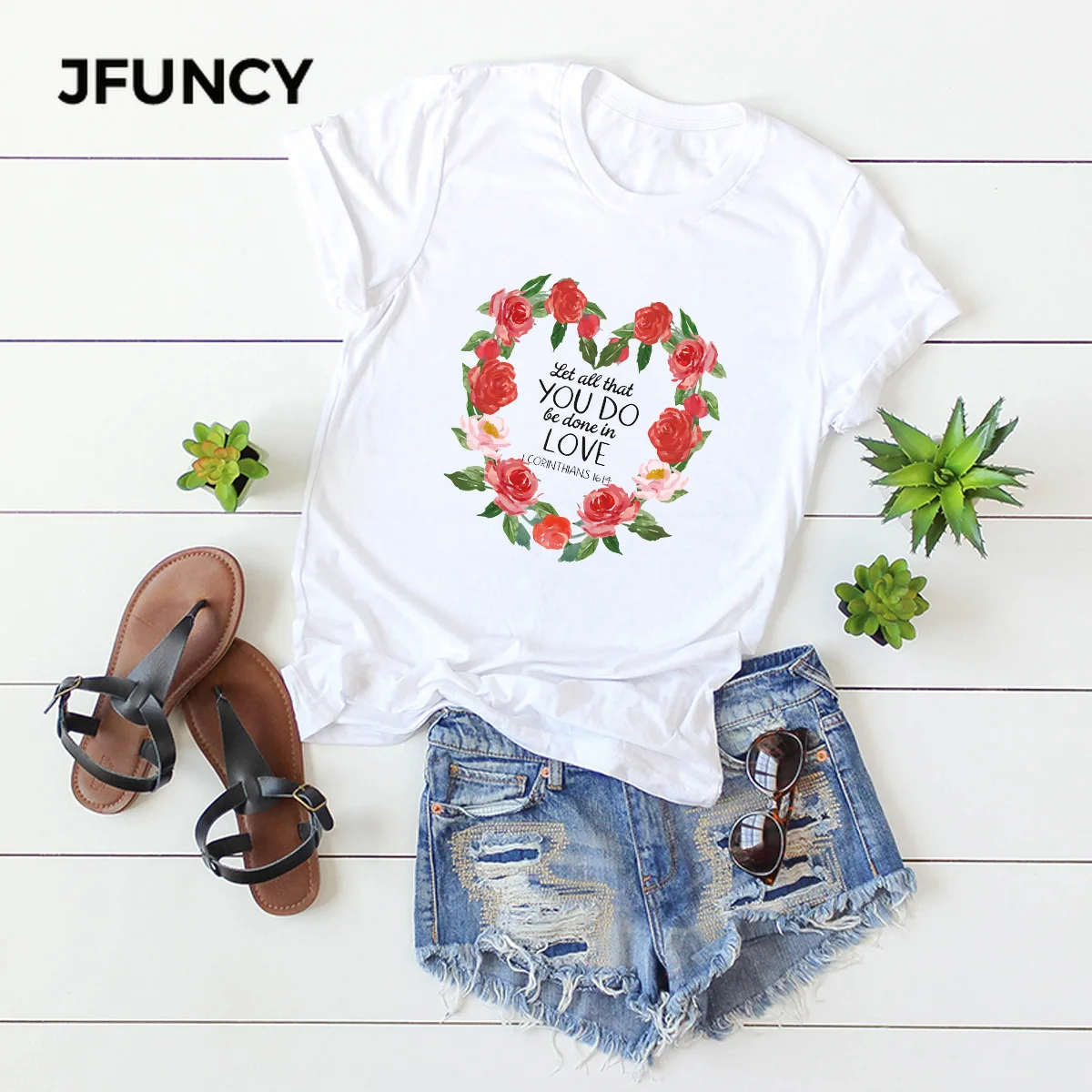 JFUNCY Flowers Heart Print 100% Cotton Summer T Shirt Women Short Sleeve T-shirt Female Tees  Casual Camiseta Mujer Top