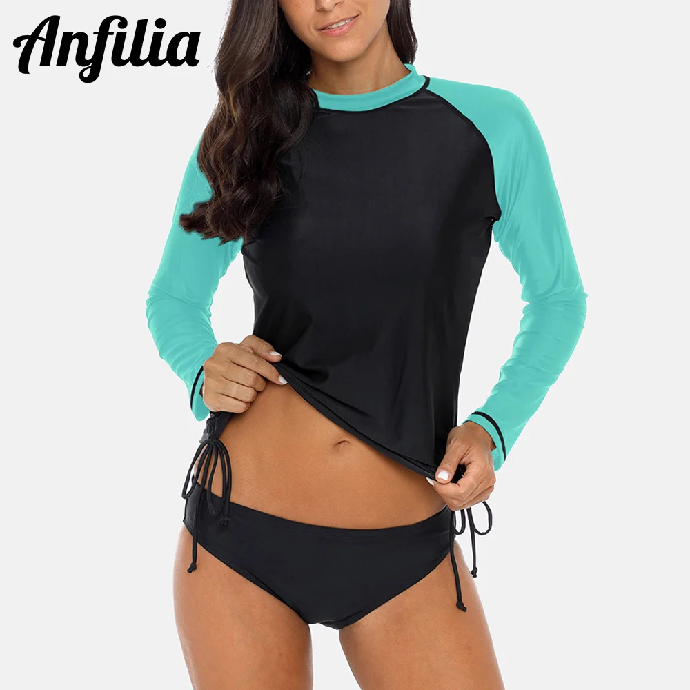 

Anfilia Women Long Sleeve Rashguard Shirt Side Bandaged Swimwear Surfing Top Hiking Shirt Rash Guard UPF50+