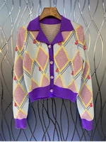 2021 autumn winter sweater cardigans high quality women turn down collar geometric patterns knitting long sleeve cardigan tops