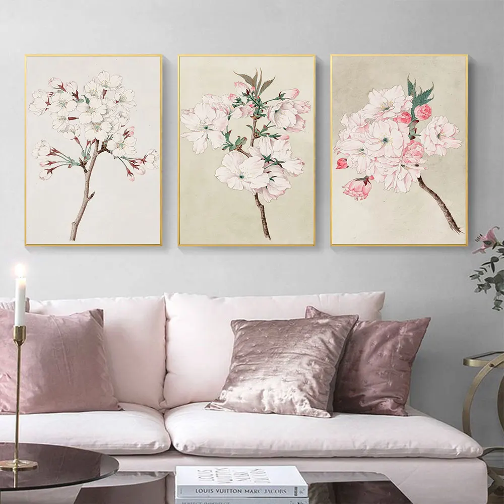 

Cherry Blossom Poster Vintage Botanical Canvas Painting Flower Neutral Art Print Modern Wall Picture For Living Room Home Decor