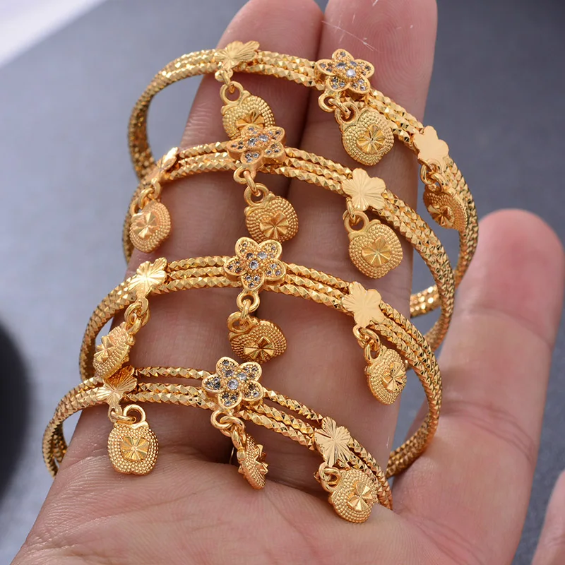 4pcs/lot Gold Color Bangle for Girls/Baby/Kids Charm Gypsophila Bracelet Bells Flower Jewelry Child Christmas Gifts Cuff