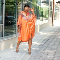 single breasted orange dress for women lapel collar batwing short sleeve mesh patchwork midi dresses female 2021 new loose dress