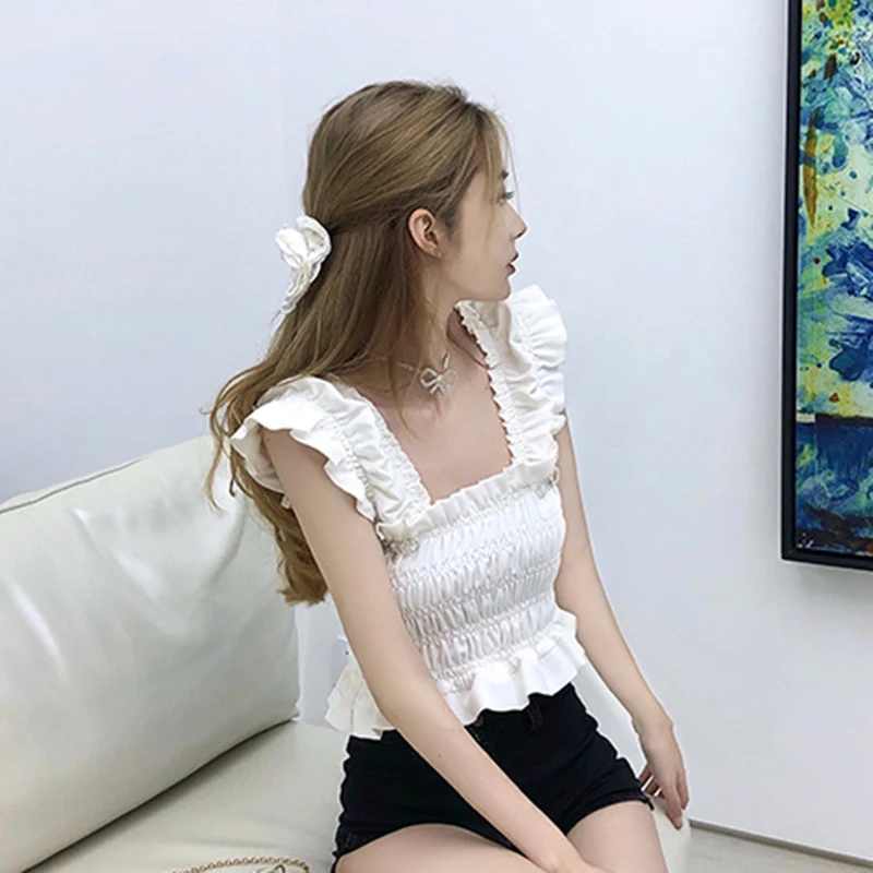 

GALCAUR Sexy White Vest For Women Square Collar Sleeveless Ruched Solid Short Vests Female Fashion New Clothes 2021 Summer Style