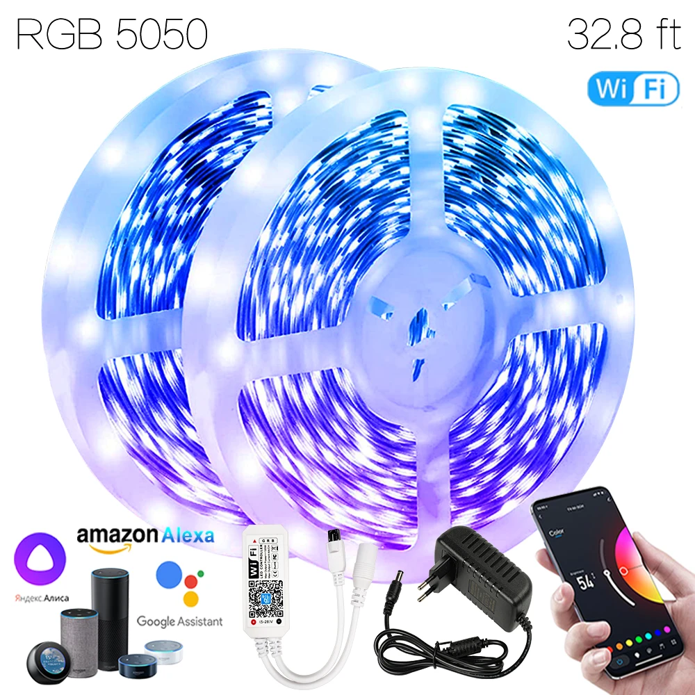 

32.8ft (10M) WIFI Smart Luminaria Iuces RGB 5050 12v Ruban Led Waterproof Lamp For Habitacion Adolescente Google Assistant Alexa