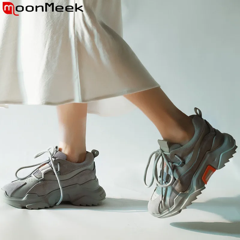 MoonMeek/ г. Новые туфли на плоской подошве женские туфли на плоской подошве со шнуровкой с круглым носком Повседневная обувь из сетки и коровьей кожи женская обувь на плоской платформе