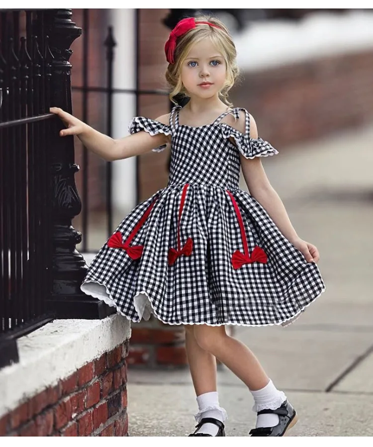 

Baby Girl Bow Sling Dress Hot Style Girls Lace Plaid Dress Trendy Bow Princess Dress Summer Lace Sling Dress 0-4 Years Old Dress