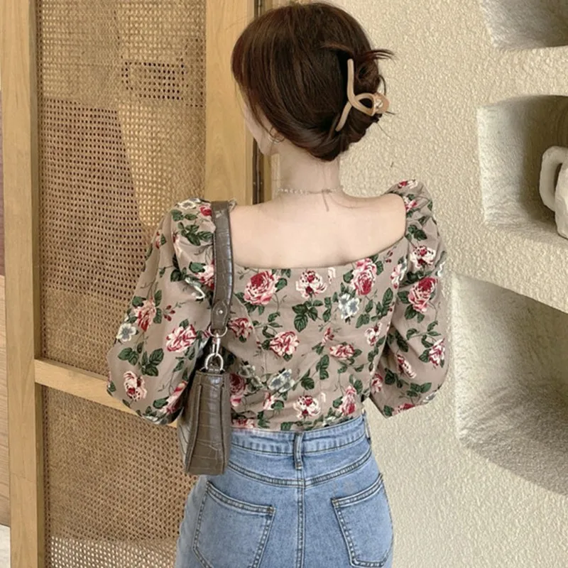 

Women Floral Crop Tops Puff Sleeve Women's V Neck Sexy Sweet Long-sleeved Shirt Blouse Fashion Lady Clothes Girls