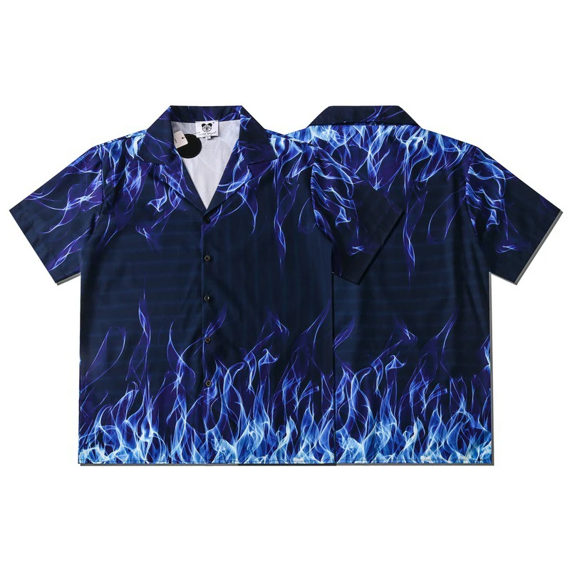 2021 Blue Flame Print Shirts Men Streetwear Hip Hop Mens Hawaiian Shirt Harajuku Summer Beach Shirt Hawaii Tops Short Sleeve