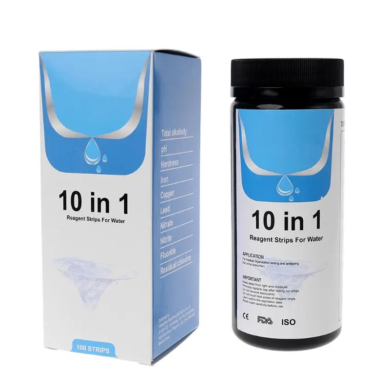 100Strips Water Test Strips Reagent Strip For Quality Analyzing Testing With 10 Analysis Residual Chlorine pH Total Alkali |
