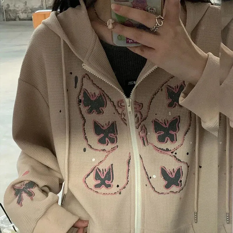 

sweatshirts Oversized hoodie butterfly retro pocket women's long-sleeved pullover 2021 zipper hoodie waffle winter jacket top