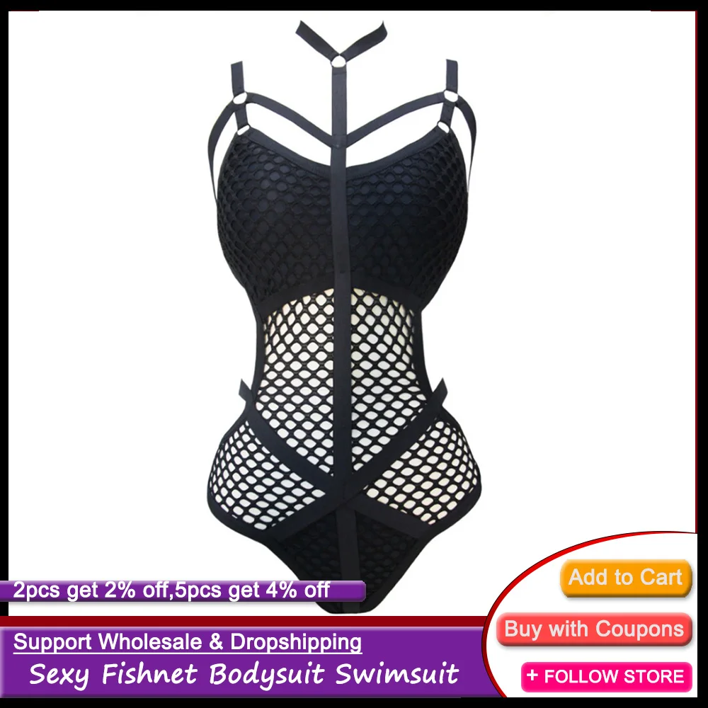 Bikini Women Swimsuit 2022 Sexy Fishnet Bodysuit Swimwear Halter Mesh Bandage Goth Lady Summer Beach One Piece Bathing Swimsuit