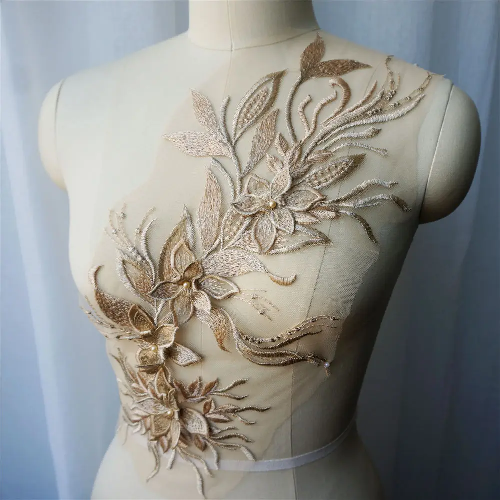 3D Цветочная кисточка золотого и коричневого цвета кружевная ткань аппликации