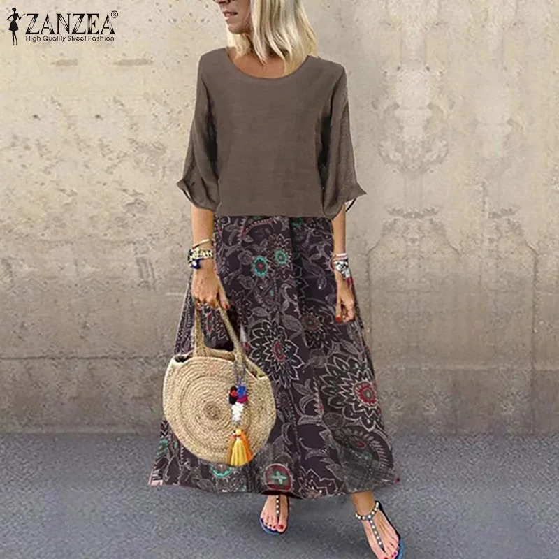 ZANZEA женское хлопковое льняное Длинное Макси платье с винтажным принтом Vestidos женское летнее платье повседневное мешковатое платье из 2 предметов Femme