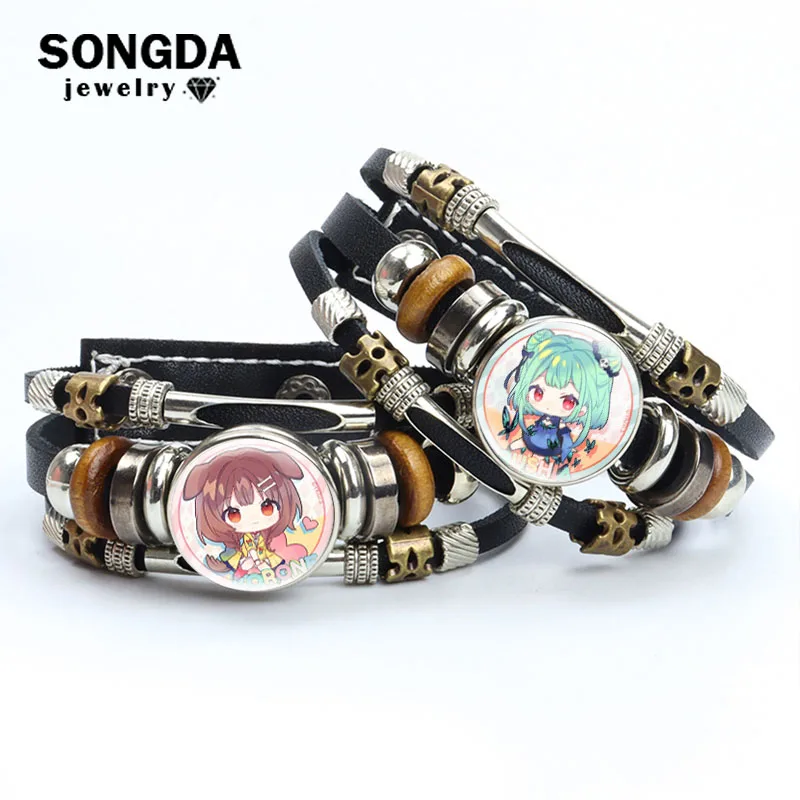 

Hololive Vtuber Leather Bracelet Inugami Korone Shirakami Fubuki Usada Multilayer Punk Boy Girls Glass Button Jewelry Kids Gifts