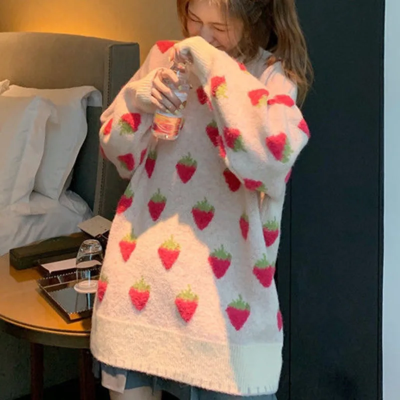 

Вязаные свитера с круглым вырезом, женские пуловеры с клубничным и персиковым узором, женский милый офисный пуловер, Топ с длинным рукавом, ...