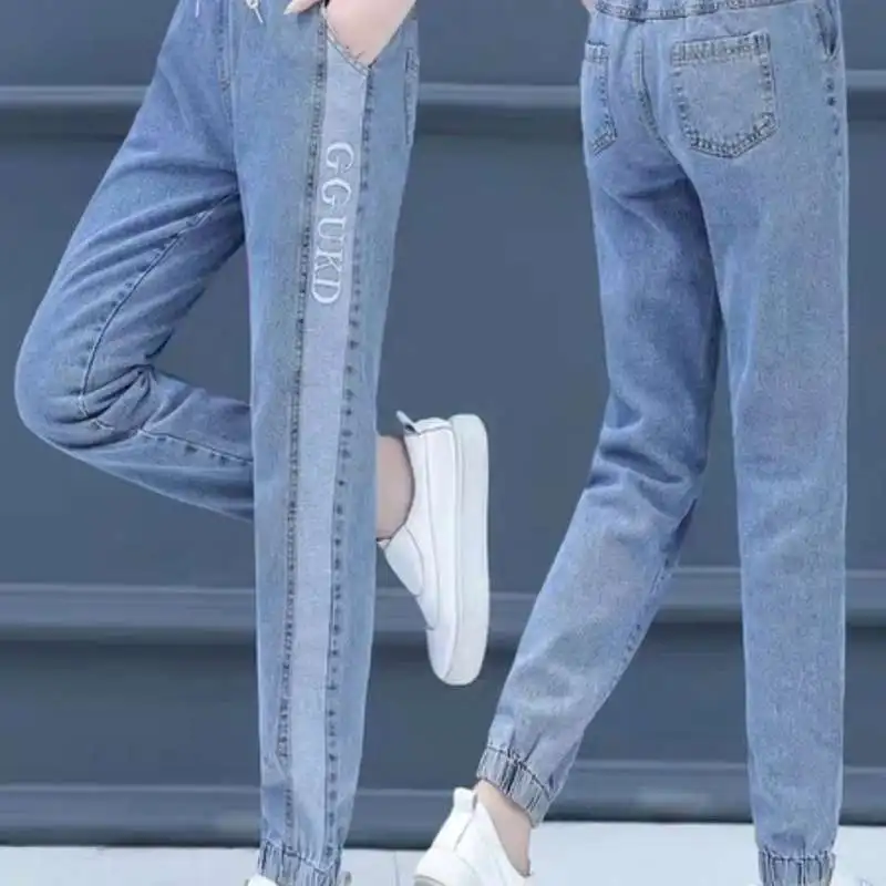 

Autumn junior high school students elastic waist loose slim jeans female Korean fashion Harlan straight daddy pants