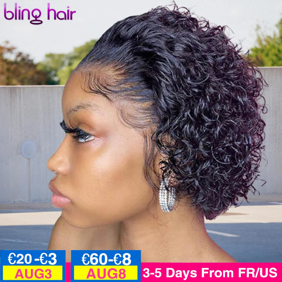 

Шикарные волосы, Короткие вьющиеся человеческие волосы, парики для женщин, вырезанные волосы фея, прозрачные кружевные волосы, парик, предв...