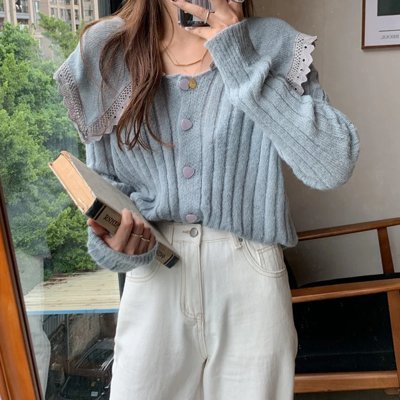 

Autumn Sweet Women Knitted Cardigan Casual Slim Lady Thin Sweater Spring Single Breasted Chic Korean Lace Turn-down Collar Tops