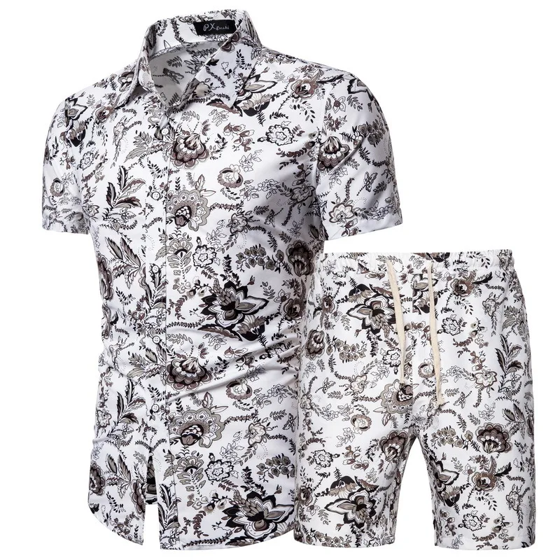 

2021 Mens Summer shorts sets Plus Size 5XL Beach Floral Printed Two Pieces Shirt Short Sets