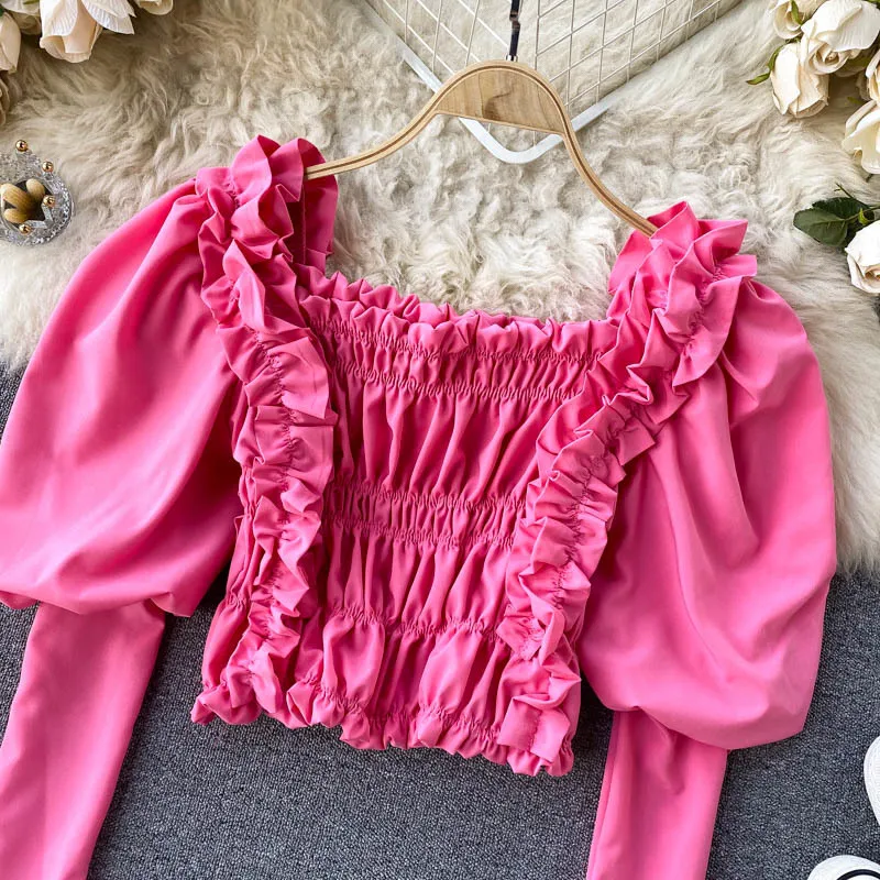 

Vintage Patchwork Ruffle Shirt For Women Square Collar Puff Sleeve Tunic Blouse Female Fashion New Clothing Autumn