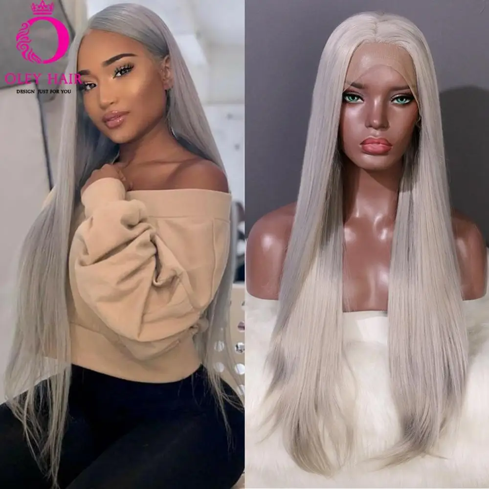 Long Straight Grey Lace Wig Loose Wavy Synthetic Lace Front WigHeat Resistant Free-part Drag Queen Cosplay Wigs For Black Women