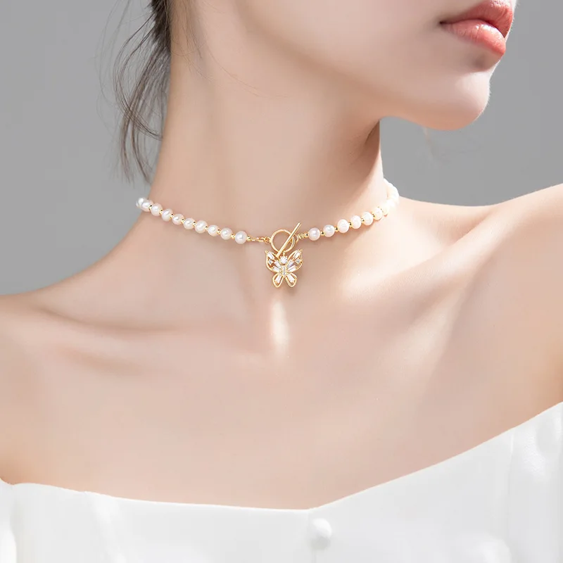 TrustDavis роскошное серебро 925 пробы 5 мм барочный жемчуг Бабочка чокер короткое