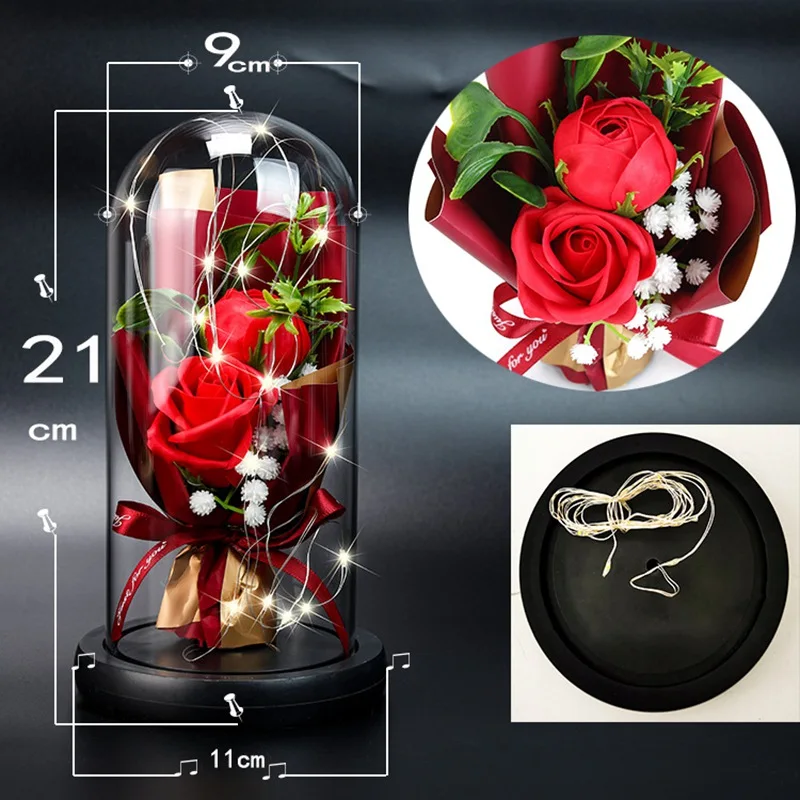 

Rose Flower Bouquet In Dome Glass LED Light Strings Rose Glass With Fairy Light String Valentine Mother's Day Gifts