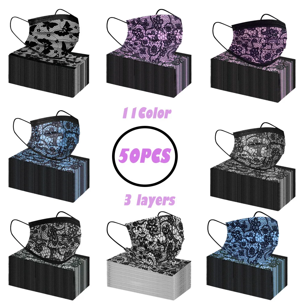

50pcs Adult's Fashion Lace Disposable Protection mask Fashionable 3Layers Breathable Anti-dust Polyester face mask Mascarillas