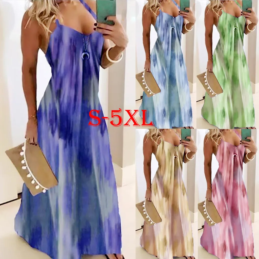 

Fashion Women Plus Size Tie-dye Print Sleeveless O-neck Bandage Long Dress Summer Dress Robe Femme 2021