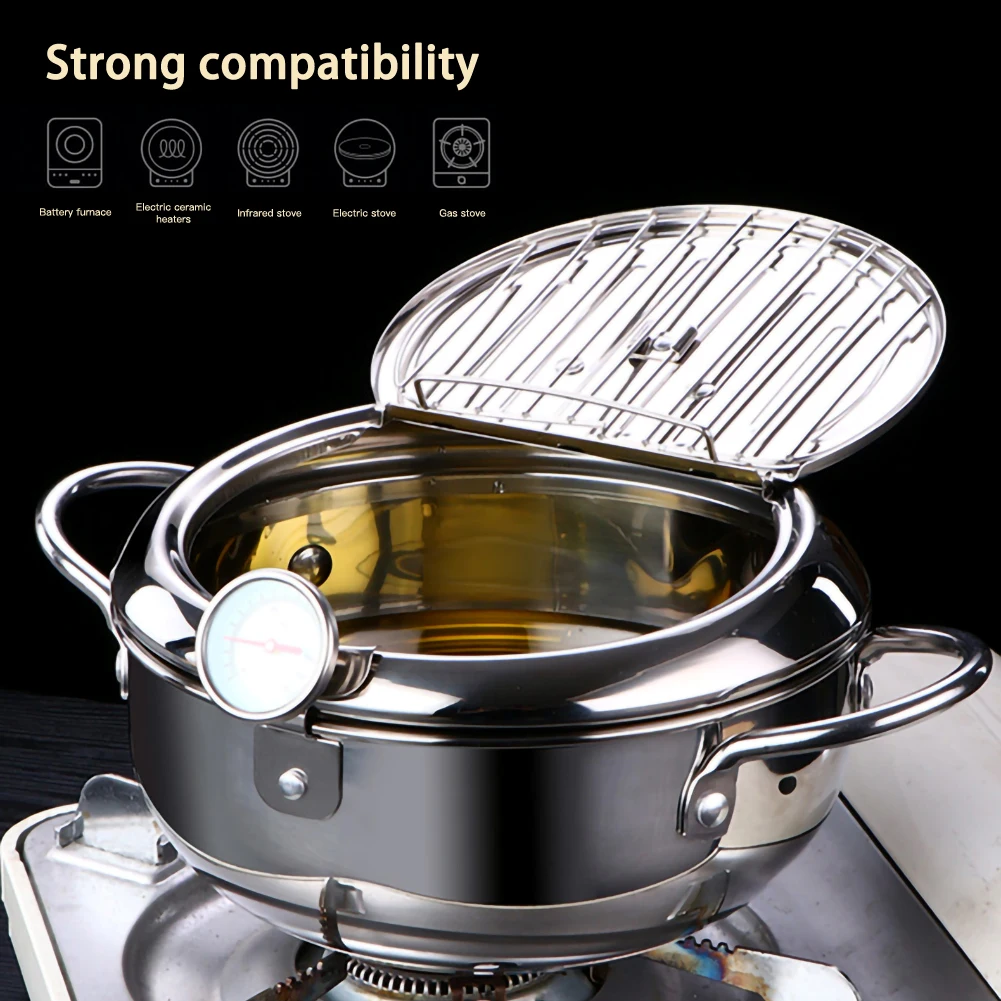 

20cm Stainless Steel Fryer Suitable for Induction Cooker and Open Flame Temperature-controlled Japanese-style Household Fryer