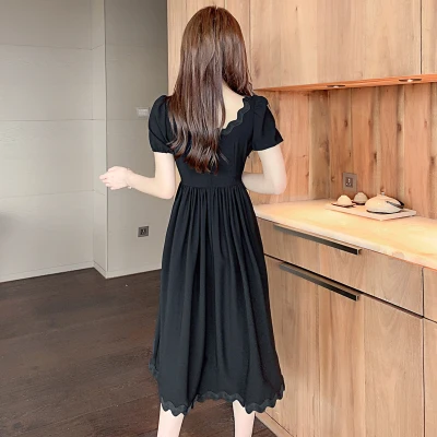 

Puff Sleeve Lace Patchwork Pleated Elegant Dress Women Vintage Maxi Dresses Elegante Dames Women's Long Dress Summer Korean