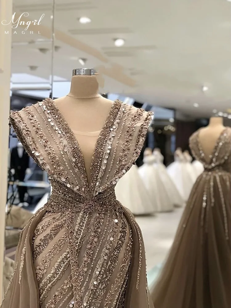 

MNGRL Luxury Evening Dress One-shoulder Long Sleeves Hand-applied Diamonds Glittering 2021 New Evening Dress Party Dress