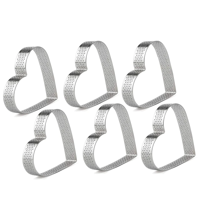 

6 Pack Heart Shape Tart Rings,Perforated Stainless Steel Cake Mold Rings, 0.78 Inch High, 3.6 Inch in Diameter