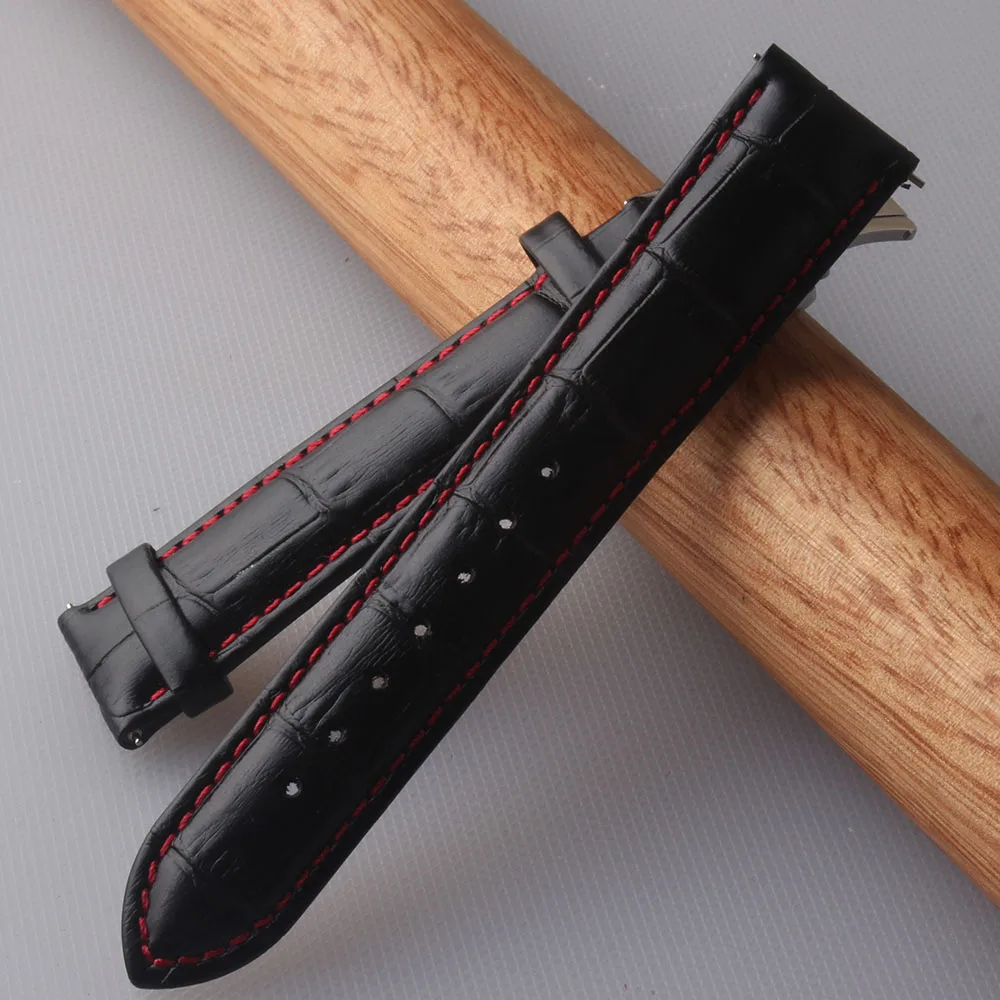 

Ремешок из натуральной кожи для наручных часов, черный прошитый браслет с красной линией, с пряжкой-бабочкой, 20 мм 22 мм