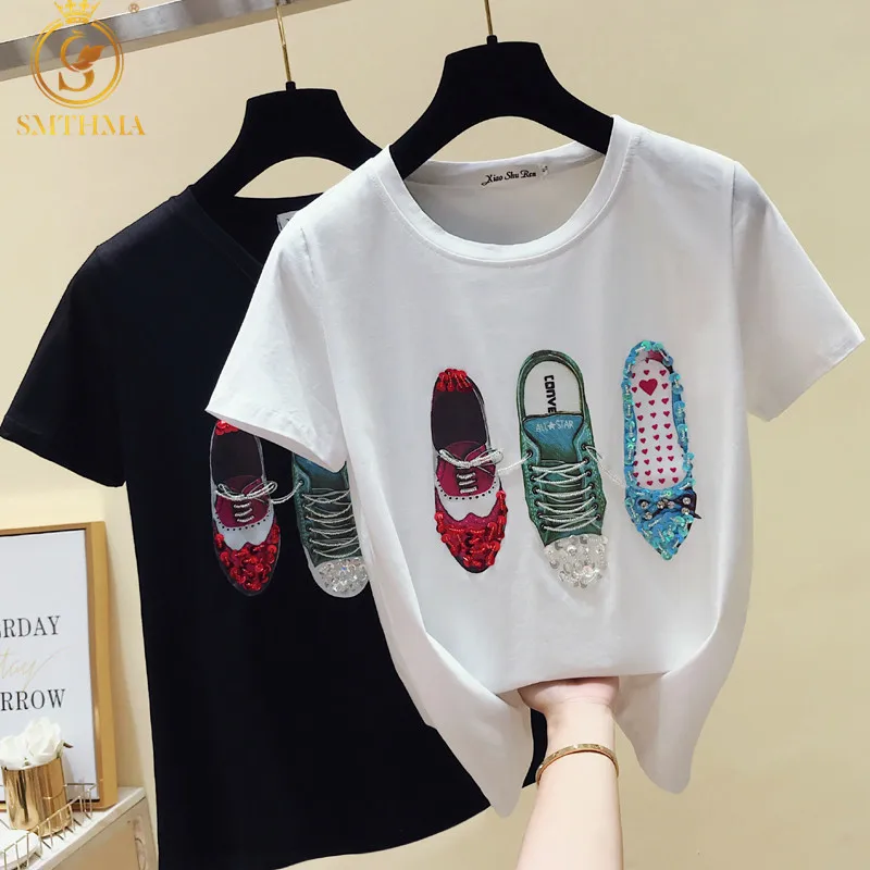 Женская футболка с блестками SMTHMA Повседневная принтом туфель лето 2020|Футболки| |
