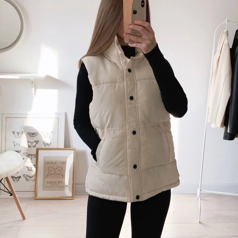 

Autumn Winter Women's Solid Loose Vest Drawstring Stand Collar Long Vest Jacket Cotton Padded Women's Windproof Warm Waistcoat