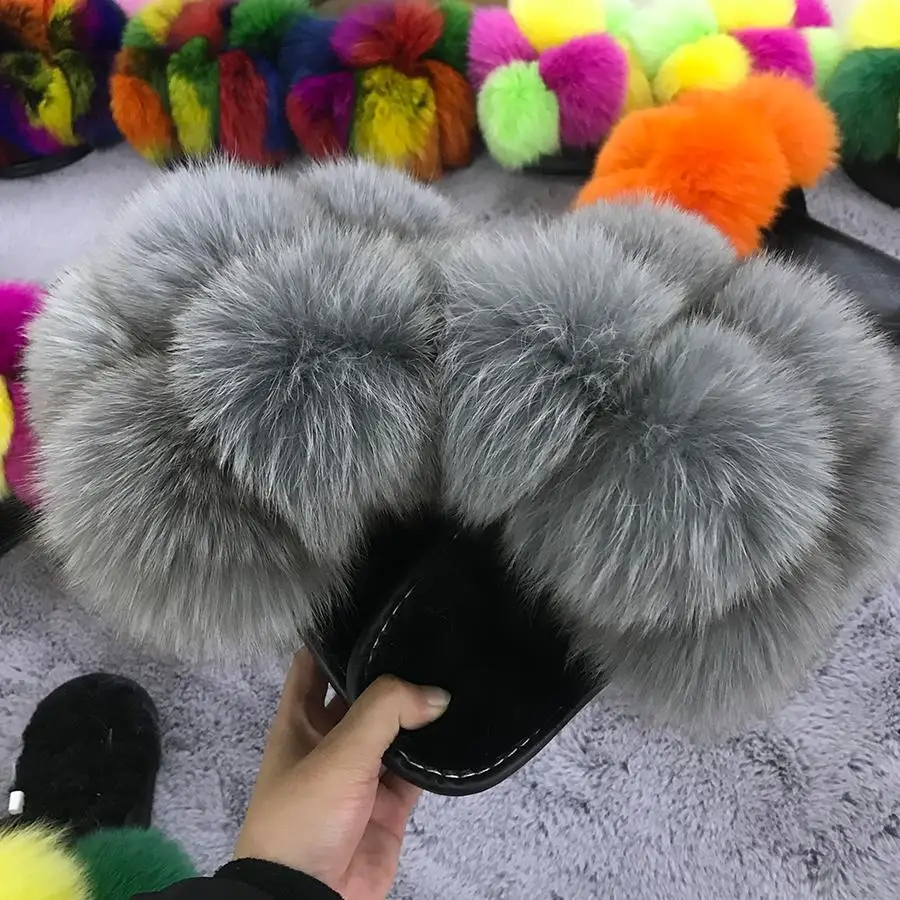 

Pom Pom Fur Slippers Fluffy Slides Women Furry Slides Plus Fashion Fur Sandals Real Fox Fur Slippers Multicolor Customize