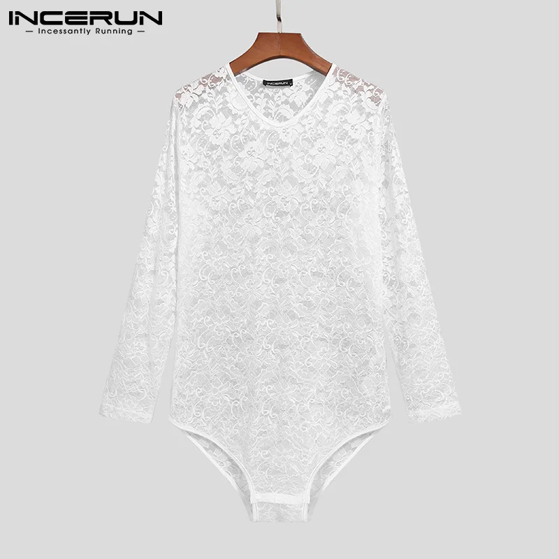 

INCERUN Для мужчин пижама из сеточки боди нижнее белье, просвечивается, домашняя одежда кружевное платье с длинными рукавами и комбинезон с v-об...